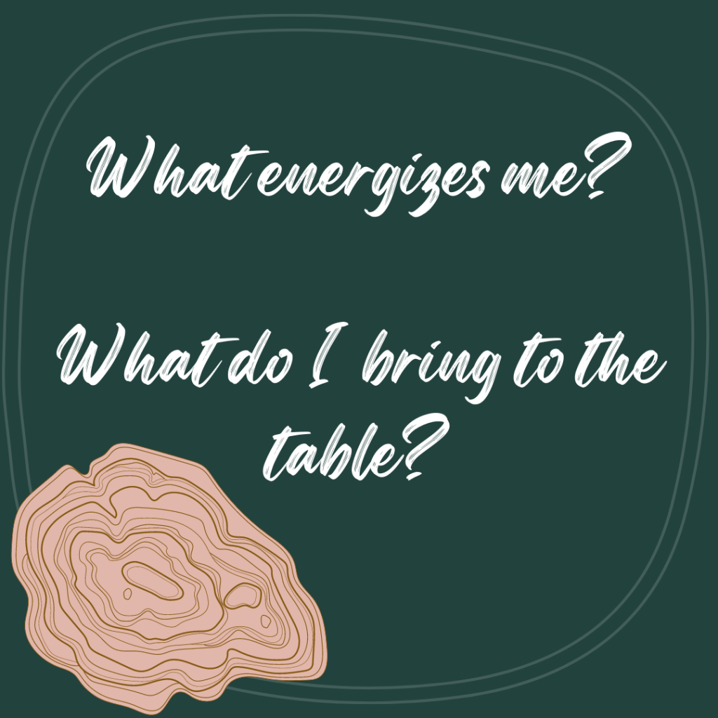 A forest green graphic with a faint white outline framing white script text. It reads, "What energizes me? What do I bring to the table?" There is an icon of a wood cross-section of a tree trunk in the bottom left corner of the image.